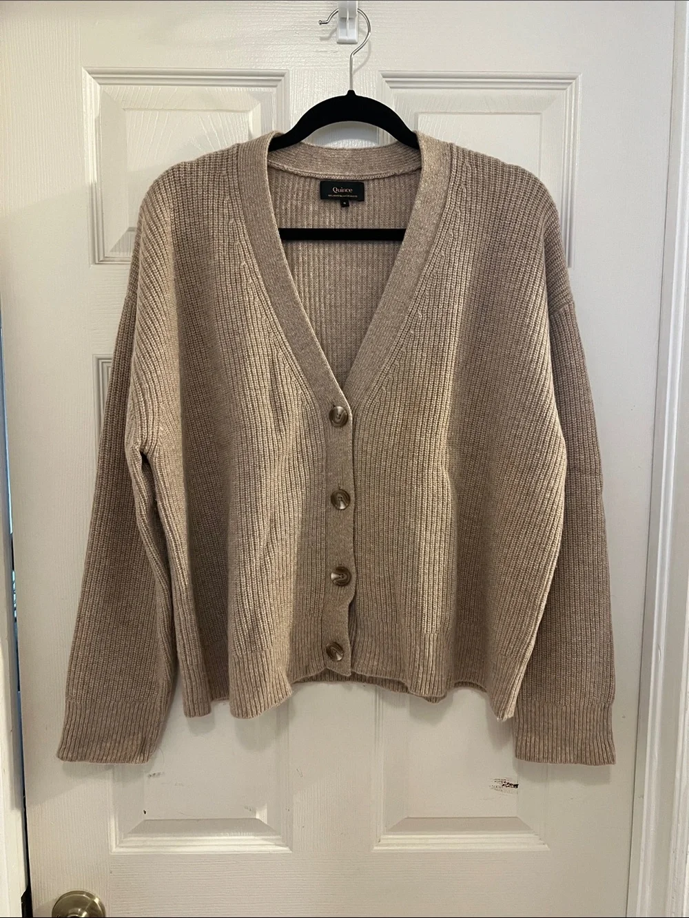 Quince Mongolian Cashmere Oversized Boyfriend Cardigan Sweater, Oatmeal, Small